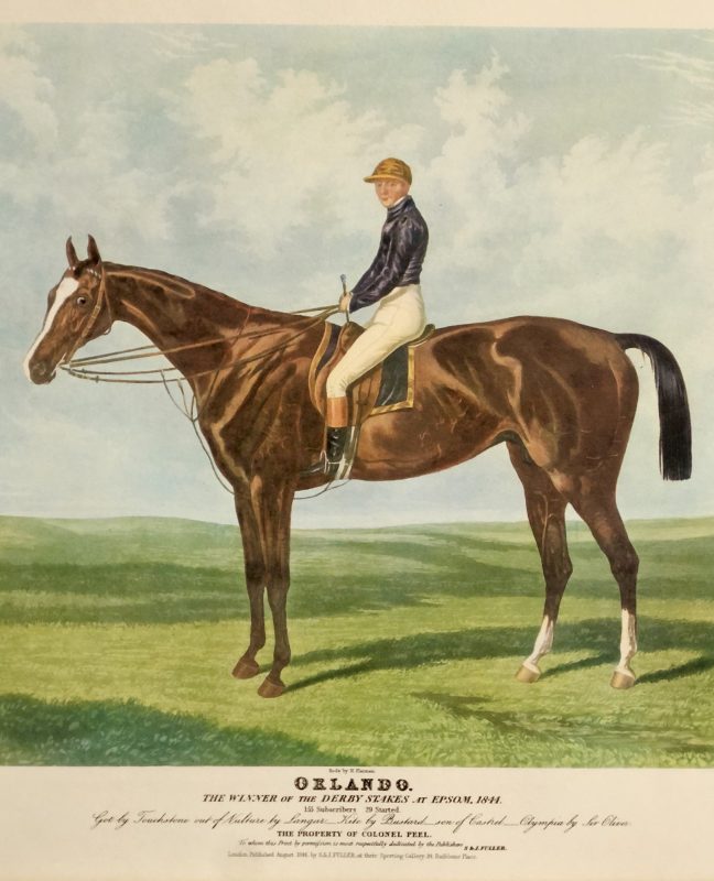 Antique Charles Hunt colour engraving race horse Derby winner