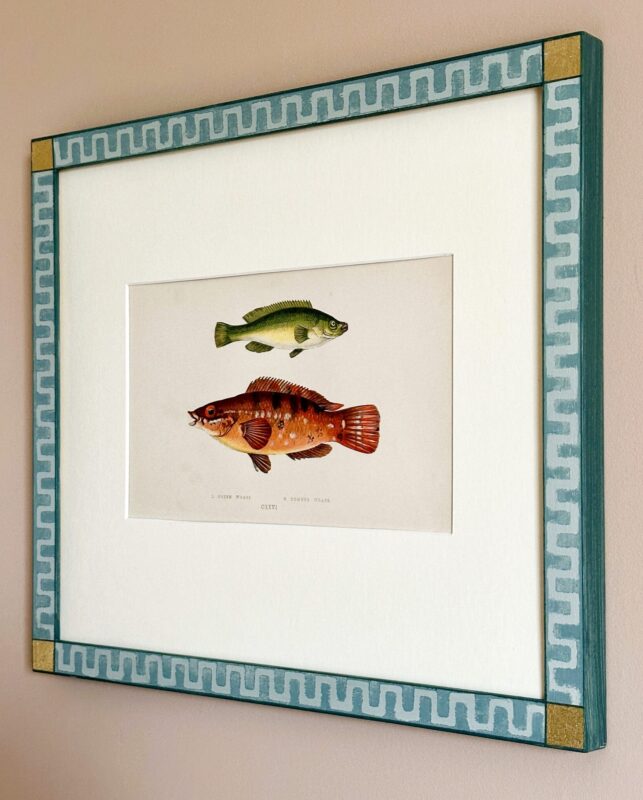 antique colour fish plate by jonathan couch framed in handpainted wooden frame