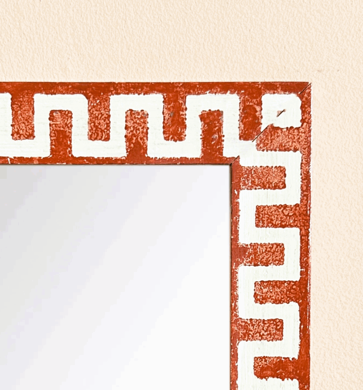 greek key mirror in red paint